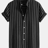 Ensemble — chemise rayée en coton mélangé à col officier & pantalon en lin à jambe droite