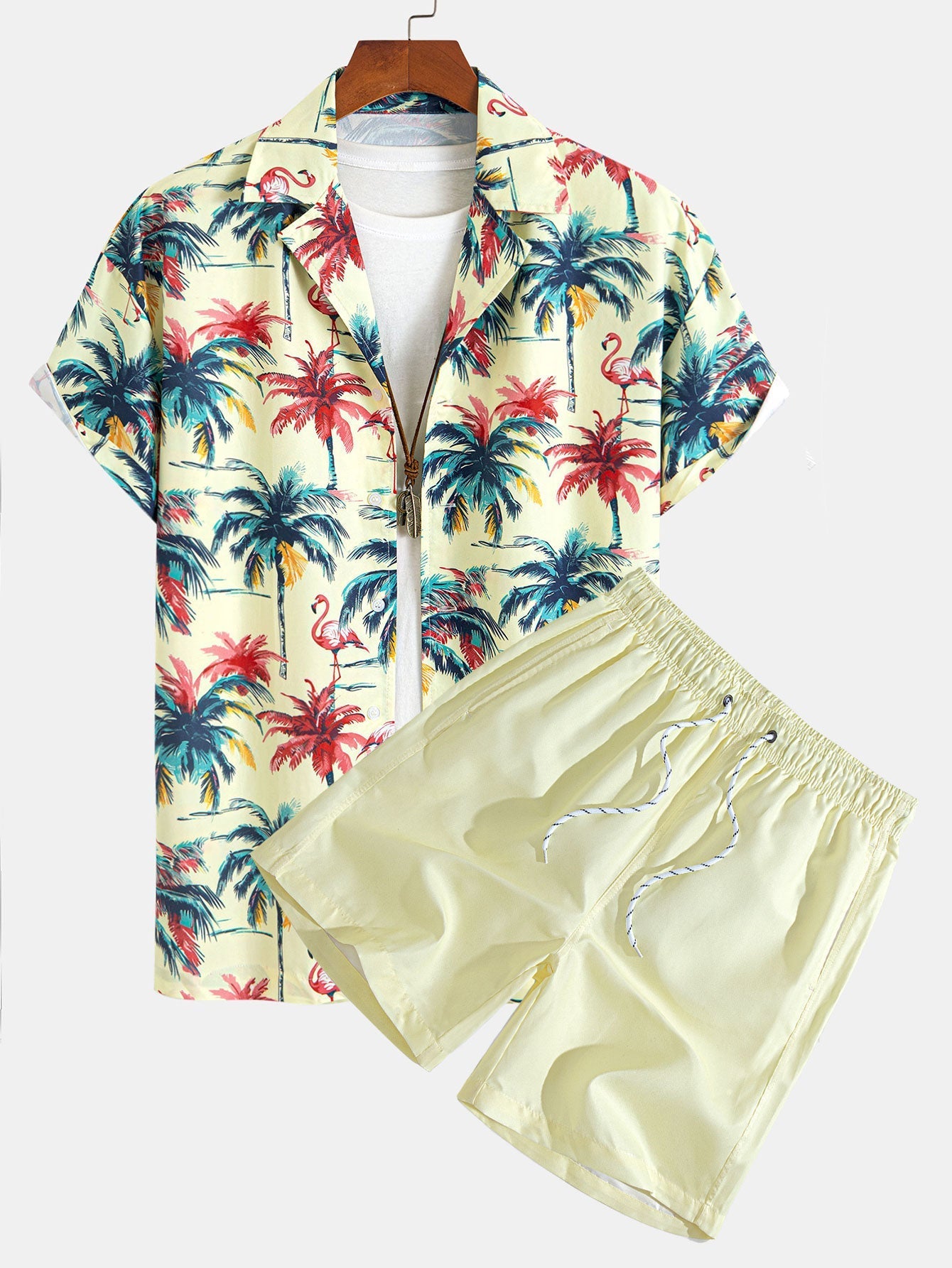 Ensemble — chemise à imprimé flamants roses et palmiers coupe décontractée & short de bain