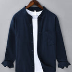 Chemise en lin et coton à col officier, manches longues et poche