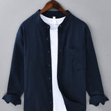 Chemise en lin et coton à col officier, manches longues et poche