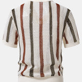 Ensemble — polo crocheté rayé à col V & pantalon en lin à jambe droite