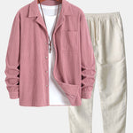 Ensemble — chemise en velours côtelé à col cubain et manches longues & pantalon en lin à jambe droite