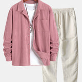 Ensemble — chemise en velours côtelé à col cubain et manches longues & pantalon en lin à jambe droite