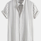 Ensemble — chemise rayée en coton mélangé à col officier & pantalon en lin à jambe droite
