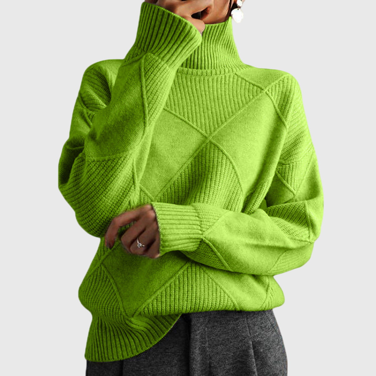 Verona | Pull à col roulé à motif géométrique Vert, photo studio