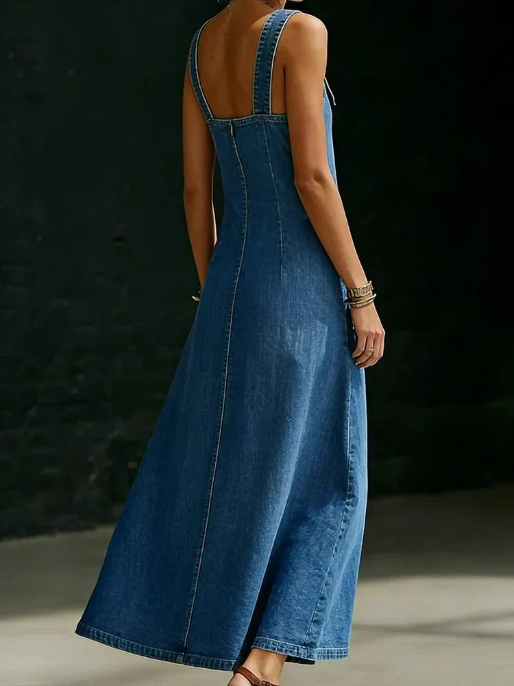 Robe Longue en Jean à Boutons Décalés