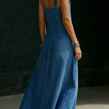 Robe Longue en Jean à Boutons Décalés