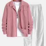 Ensemble — chemise en velours côtelé à col cubain et manches longues & pantalon en lin à jambe droite