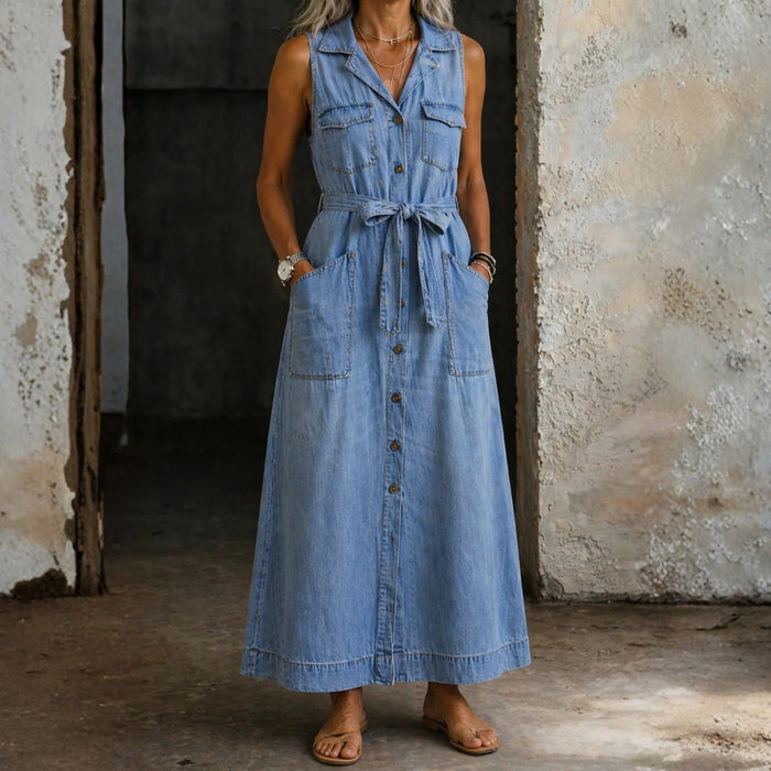 Robe Longue en Jean Sans Manches Bleu Clair