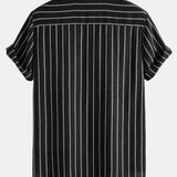 Ensemble — chemise rayée en coton mélangé à col officier & pantalon en lin à jambe droite