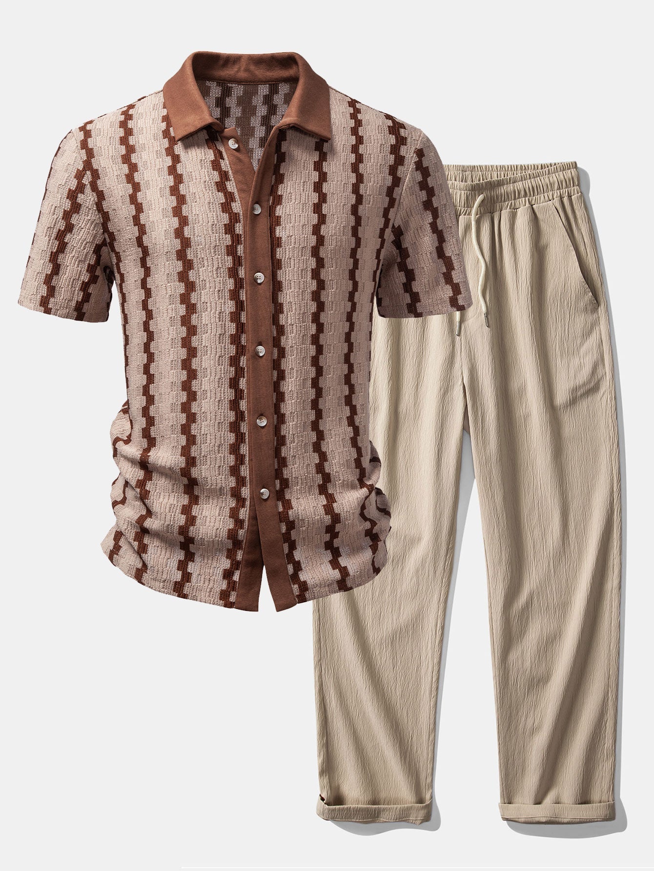 Ensemble — chemise jacquard à carreaux & pantalon texturé froissé à jambe droite