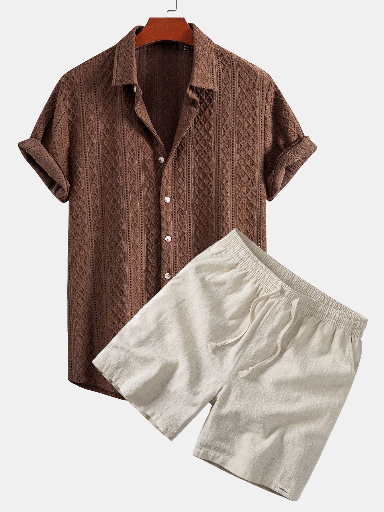 Ensemble — chemise jacquard à losanges géométriques & short à cordon en lin mélangé