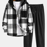 Ensemble — chemise à capuche patchwork à carreaux en flanelle et velours côtelé & pantalon en velours côtelé