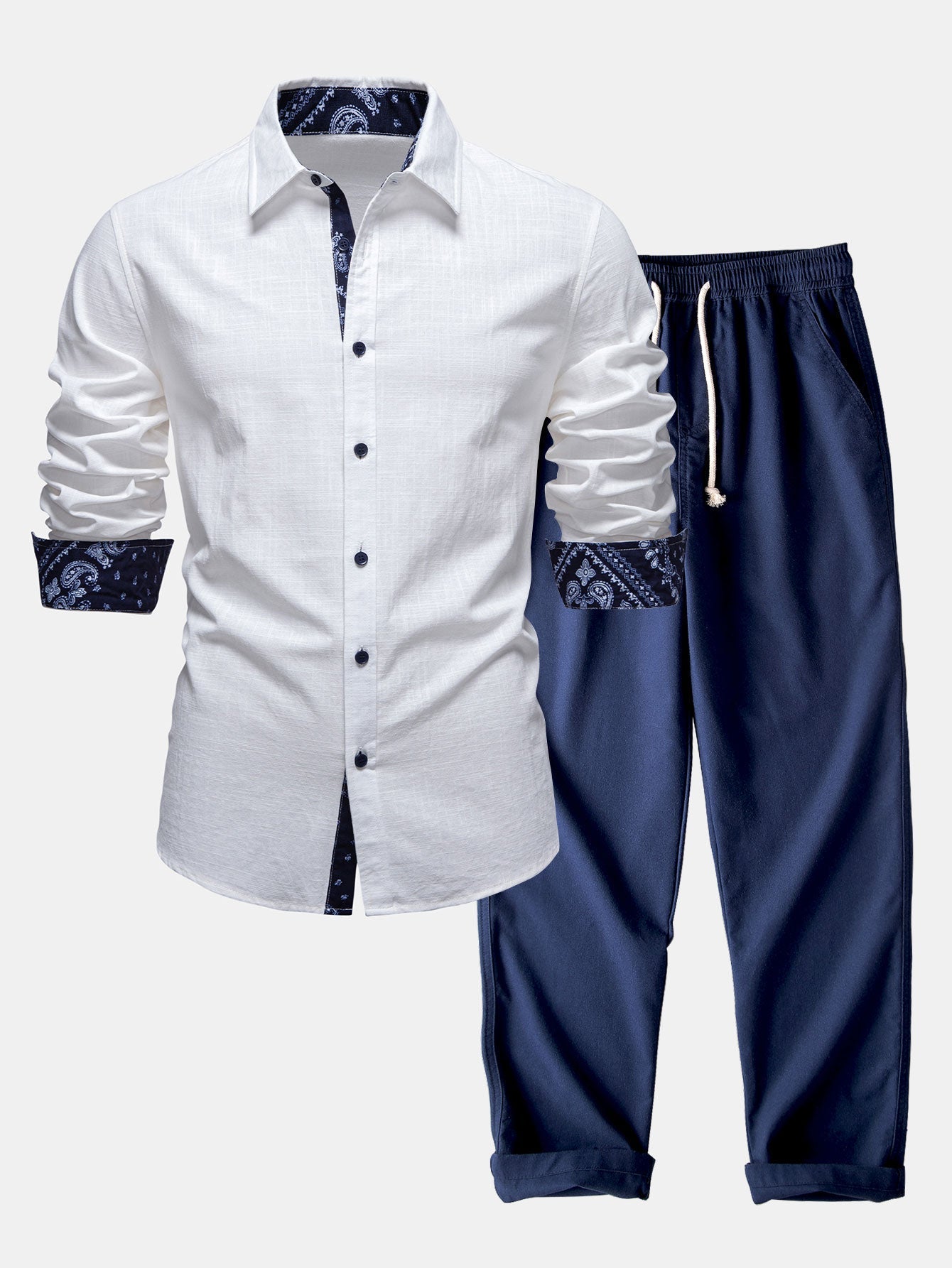 Ensemble Améline — chemise en lin à imprimé paisley contrastant & pantalon en lin à jambe droite