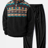 Ensemble — sweat en laine teddy à col zippé et patchwork géométrique ethnique & pantalon en velours côtelé