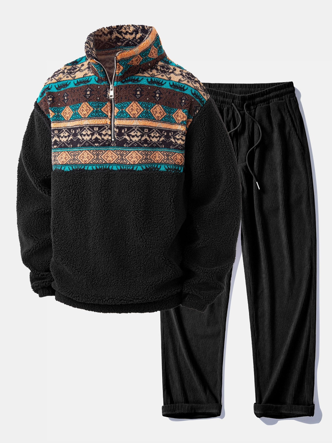 Ensemble — sweat en laine teddy à col zippé et patchwork géométrique ethnique & pantalon en velours côtelé