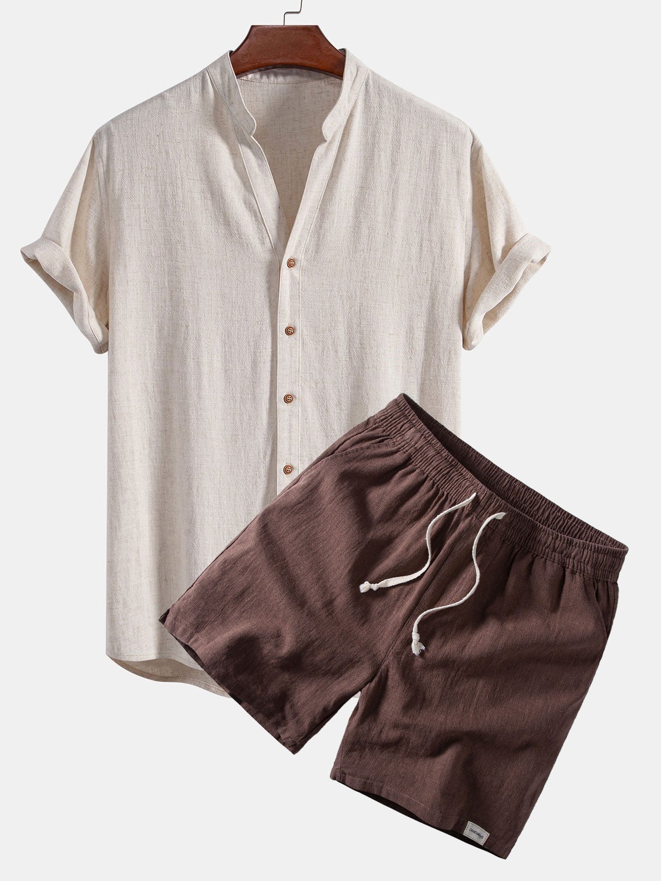 Ensemble — chemise en lin et viscose à col V & short à cordon en lin mélangé