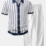 Ensemble — chemise en maille rayée & pantalon en lin à jambe droite