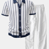 Ensemble — chemise en maille rayée & pantalon en lin à jambe droite