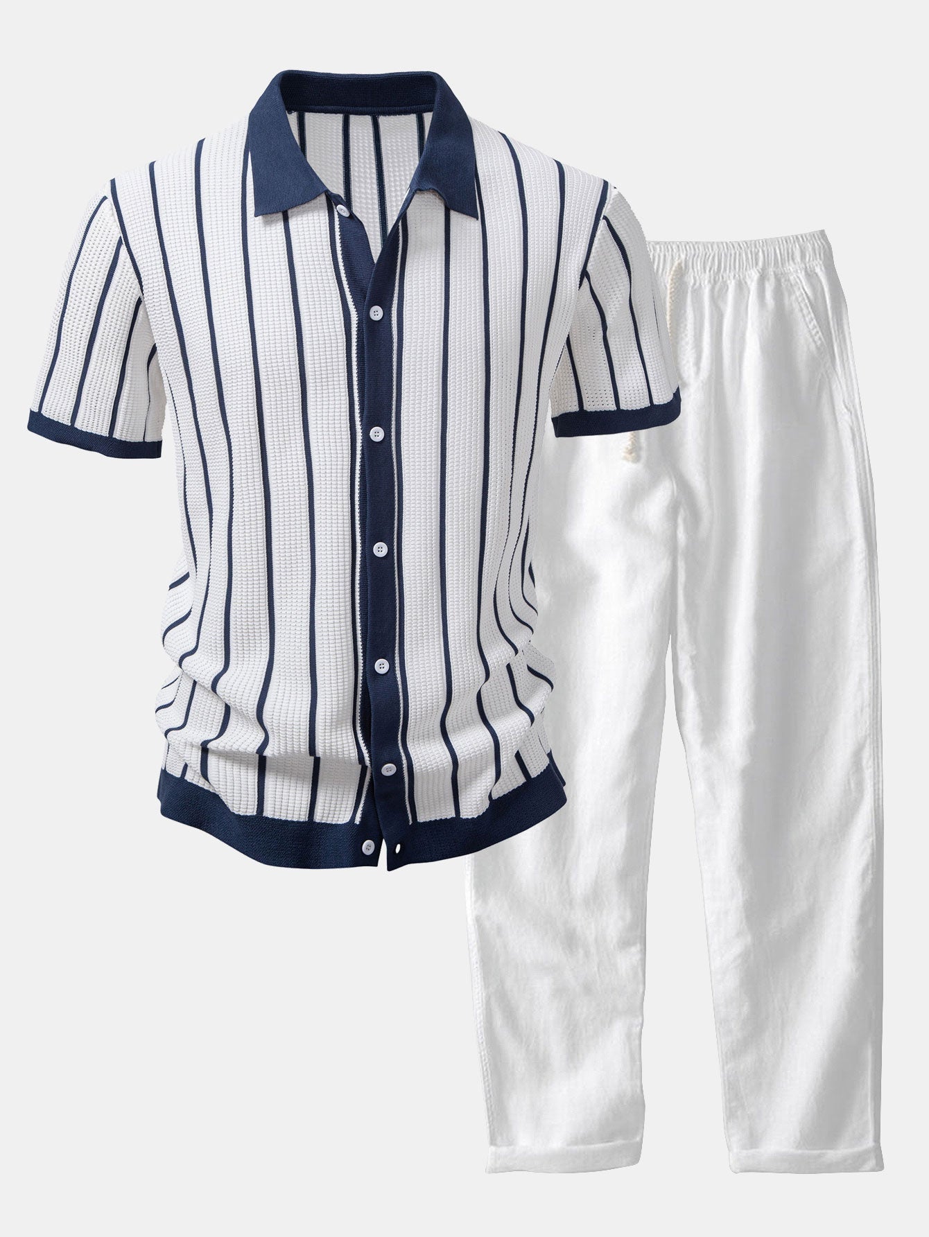 Ensemble — chemise en maille rayée & pantalon en lin à jambe droite