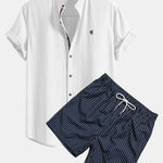Ensemble — chemise en lin à col officier et manches courtes & short de bain à imprimé rayé