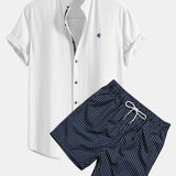 Ensemble — chemise en lin à col officier et manches courtes & short de bain à imprimé rayé