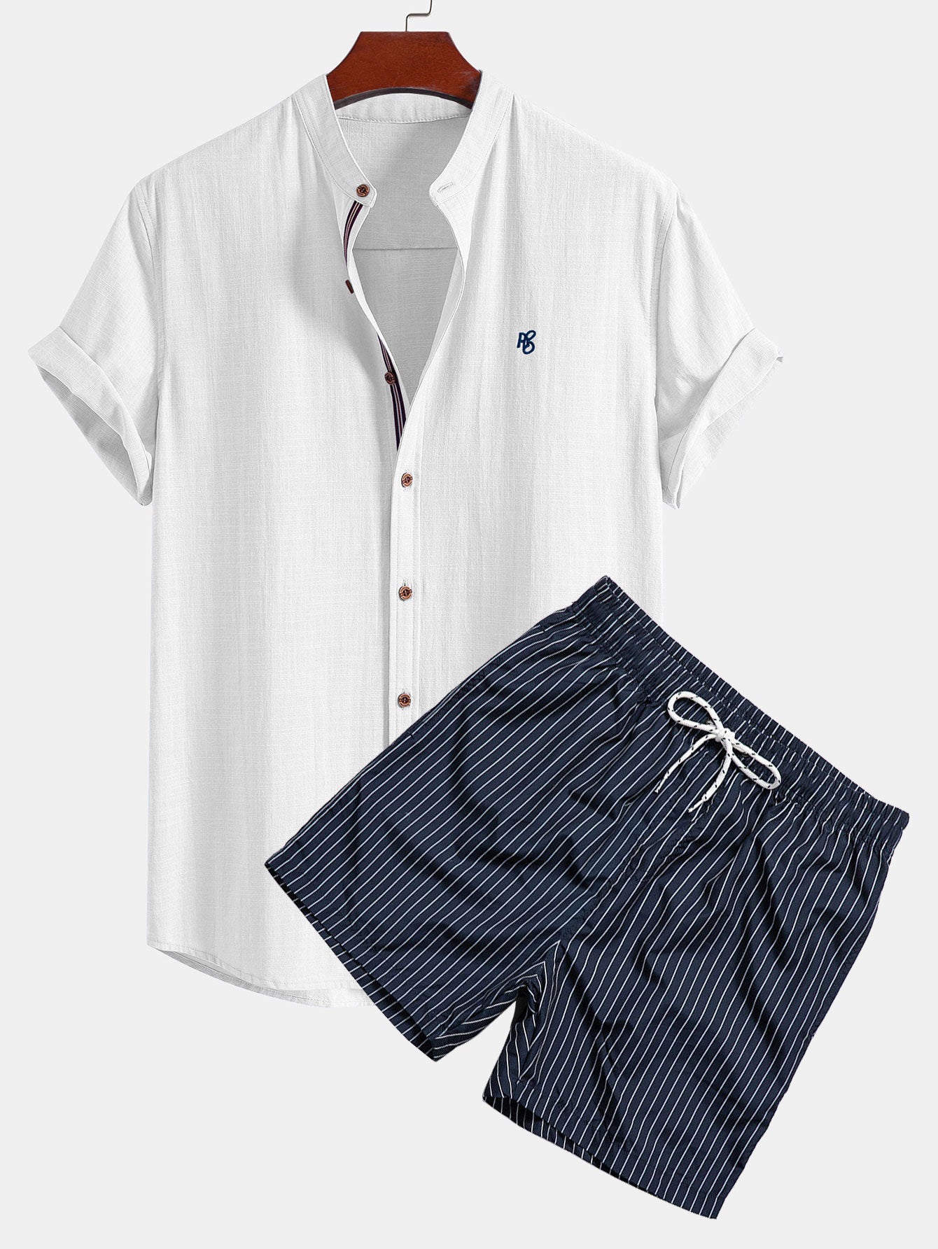 Ensemble — chemise en lin à col officier et manches courtes & short de bain à imprimé rayé