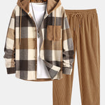 Ensemble — chemise à capuche patchwork à carreaux en flanelle et velours côtelé & pantalon en velours côtelé
