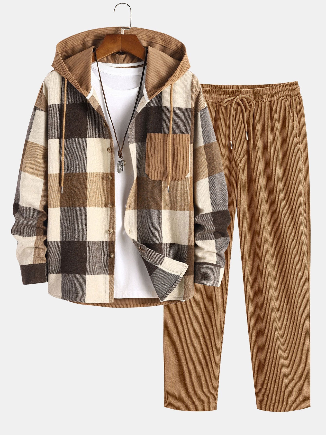Ensemble — chemise à capuche patchwork à carreaux en flanelle et velours côtelé & pantalon en velours côtelé