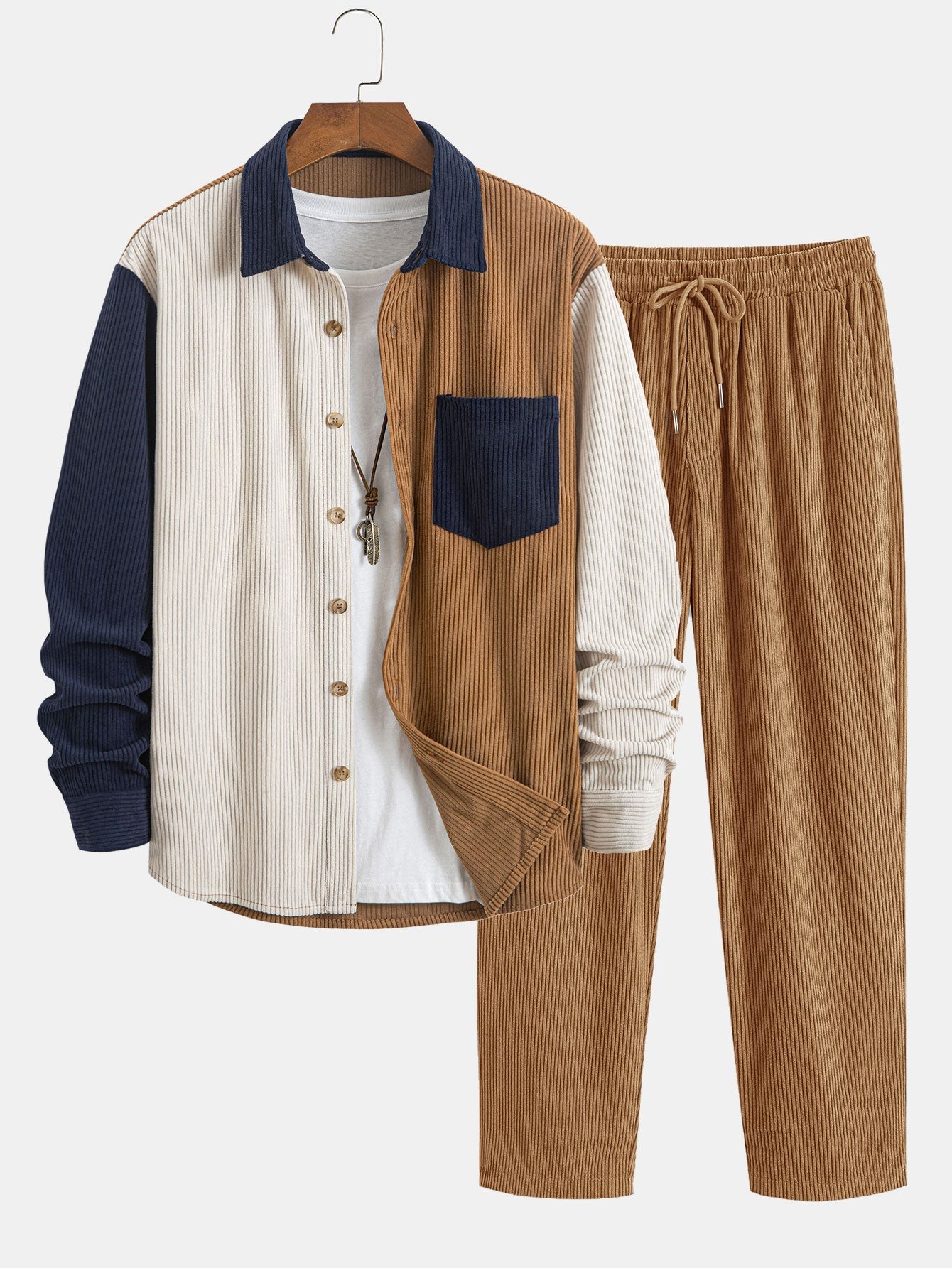 Ensemble Capucine — chemise patchwork en velours côtelé & pantalon en velours côtelé à jambe droite