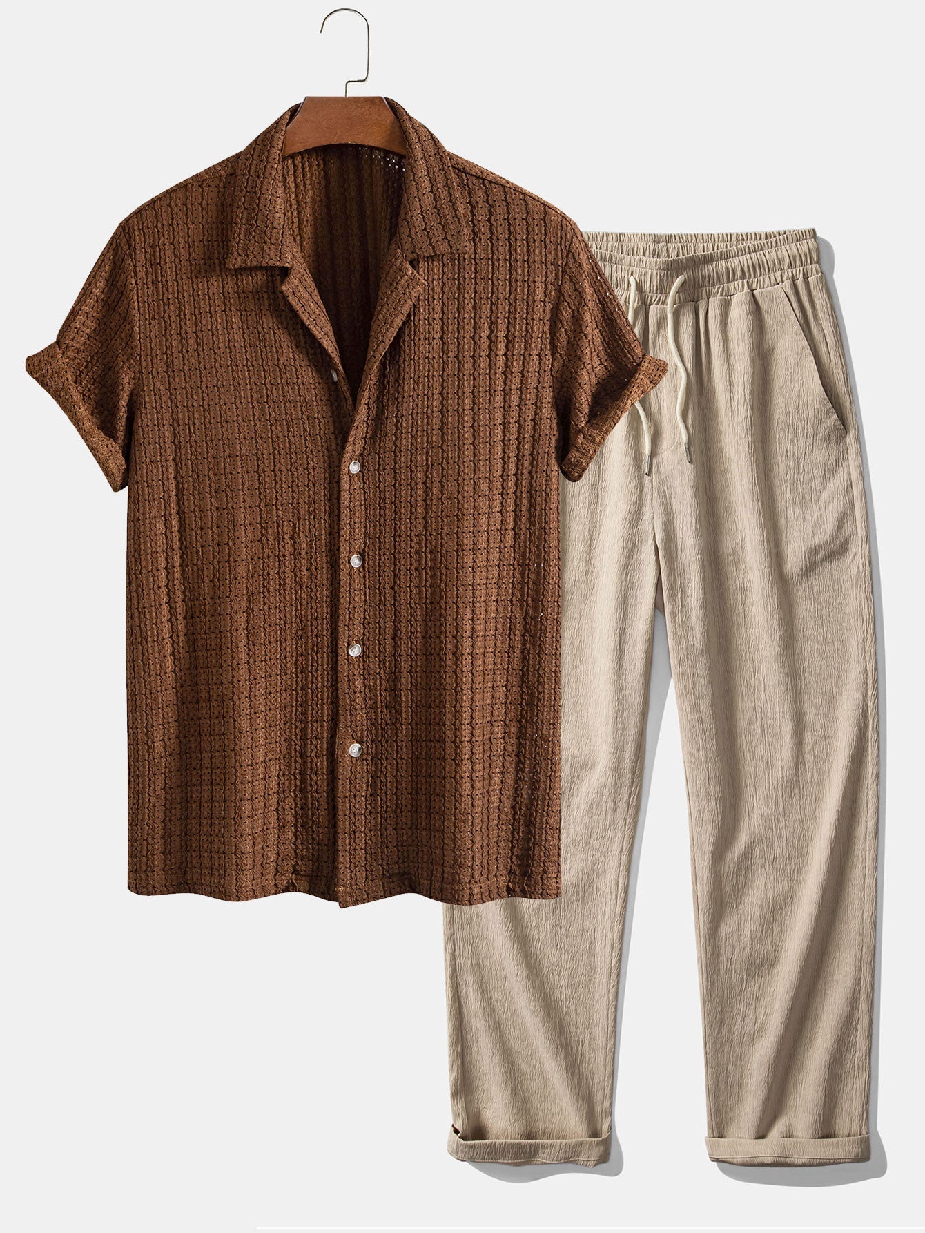 Ensemble — chemise cubaine texturée jacquard & pantalon texturé froissé à jambe droite