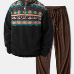 Ensemble — sweat en laine teddy à col zippé et patchwork géométrique ethnique & pantalon en velours côtelé