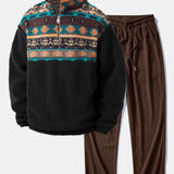 Ensemble — sweat en laine teddy à col zippé et patchwork géométrique ethnique & pantalon en velours côtelé