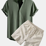 Ensemble — chemise en lin et viscose à col V & short à cordon en lin mélangé