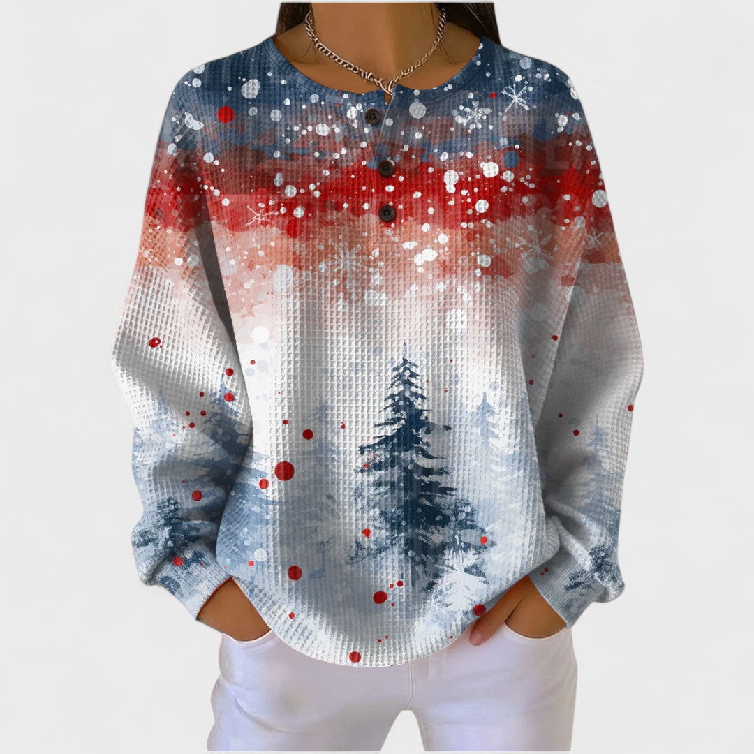 Pull Gaufré Paysage d'Hiver Enneigé - Multicolore