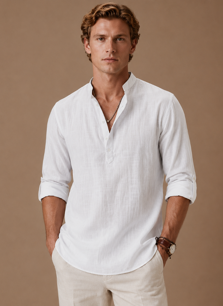 Men's Grandad Collar Linen Shirt – Relaxed Casual Fit | Areleon