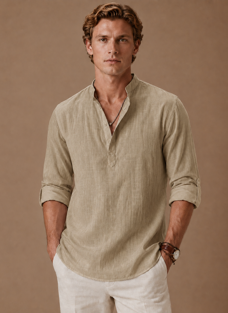Men's Grandad Collar Linen Shirt – Relaxed Casual Fit | Areleon
