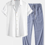 Ensemble — chemise jacquard à losanges géométriques & pantalon en lin rayé à jambe droite