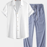 Ensemble — chemise jacquard à losanges géométriques & pantalon en lin rayé à jambe droite