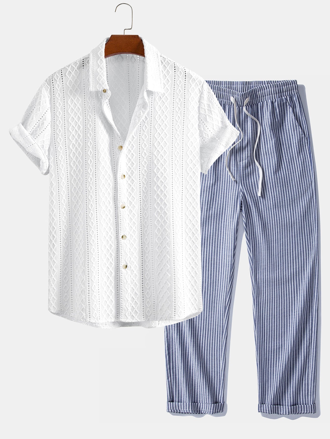 Ensemble — chemise jacquard à losanges géométriques & pantalon en lin rayé à jambe droite