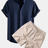Ensemble — chemise en lin et viscose à col V & short texturé froissé à cordon