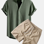 Ensemble — chemise en lin et viscose à col V & short texturé froissé à cordon