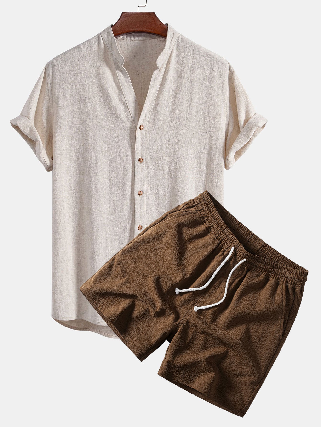 Ensemble — chemise en lin et viscose à col V & short texturé froissé à cordon