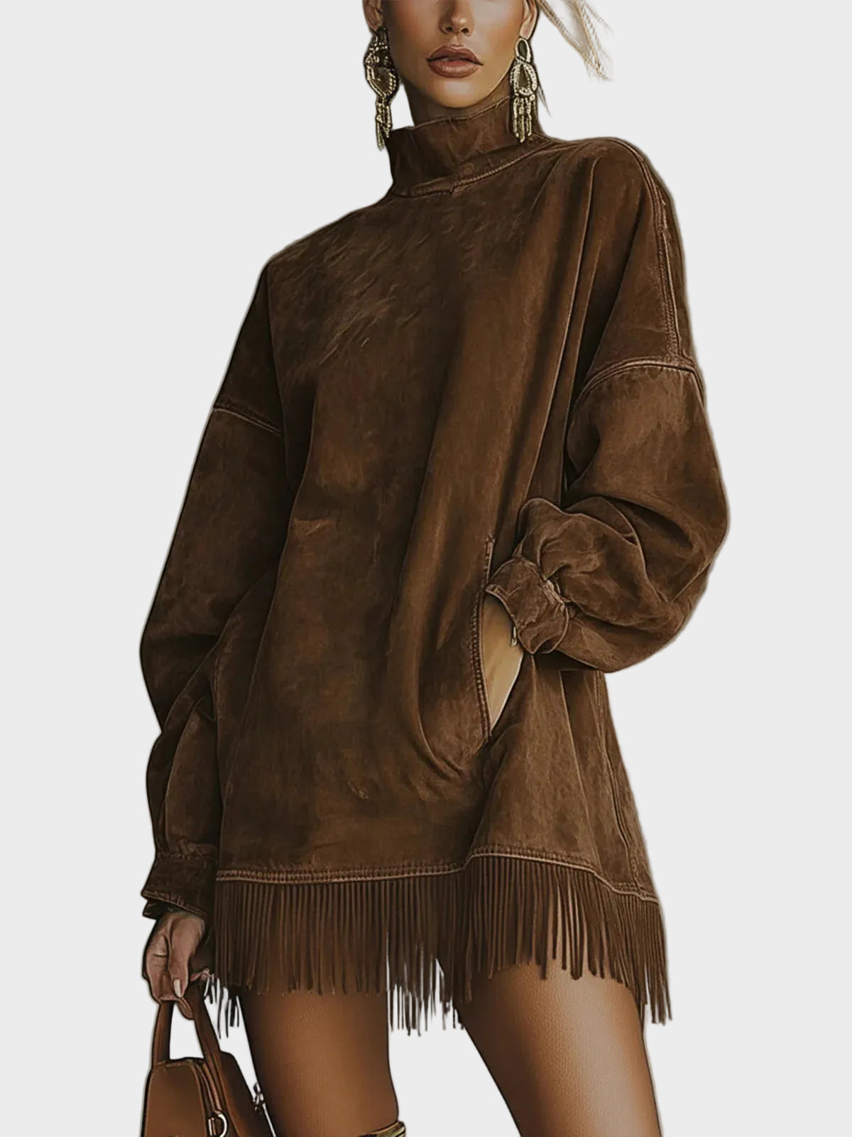 Robe en suédine à col roulé et franges Marron