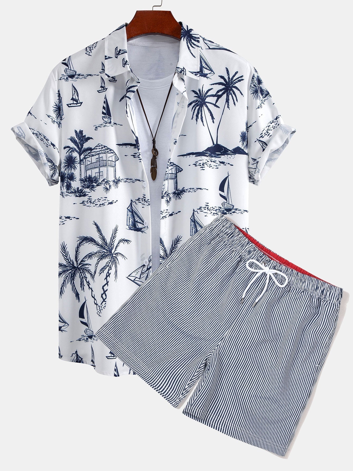 Ensemble — chemise à imprimé nautique & short de bain à rayures verticales et cordon