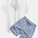 Ensemble — chemise texturée à col officier & short de bain à imprimé rayé