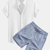 Ensemble — chemise texturée à col officier & short de bain à imprimé rayé