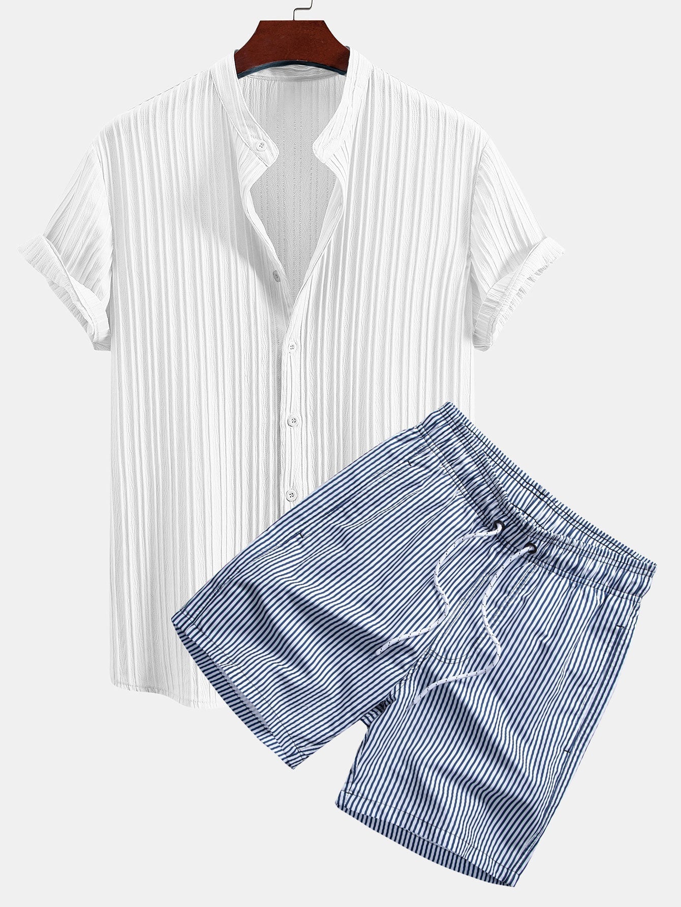 Ensemble — chemise texturée à col officier & short de bain à imprimé rayé