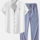 Ensemble — chemise en lin à col officier et manches courtes & pantalon en lin rayé