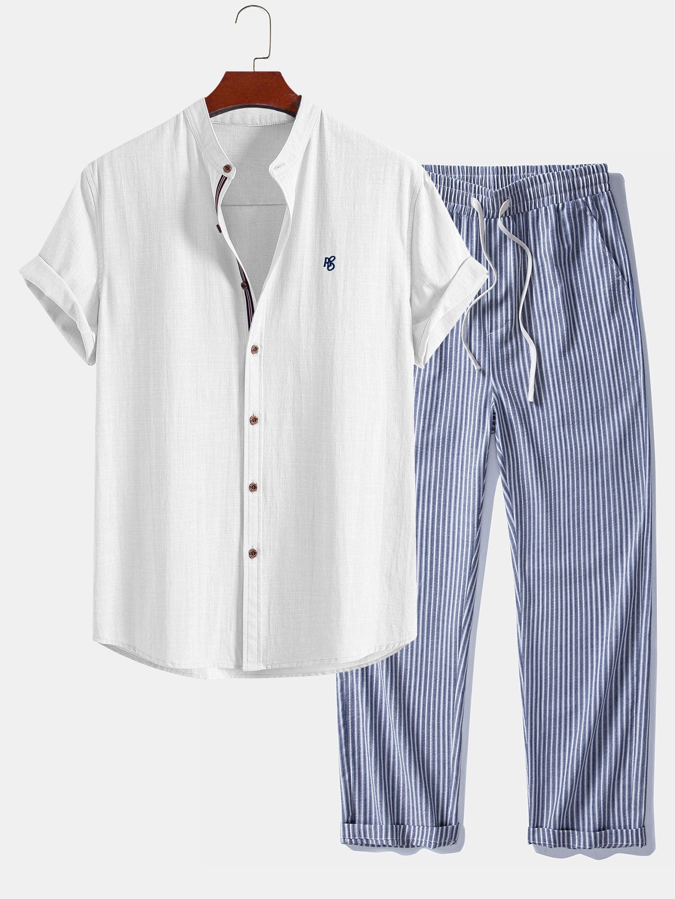 Ensemble — chemise en lin à col officier et manches courtes & pantalon en lin rayé